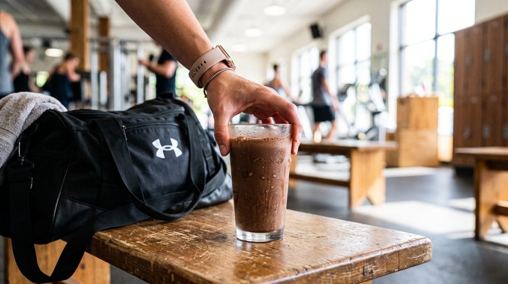 5-Minute Recovery Ritual: Easy Post-Workout Snack 7 Close-up shot of a hand grabbing a glass of chocolate milk after setting down a gym bag.