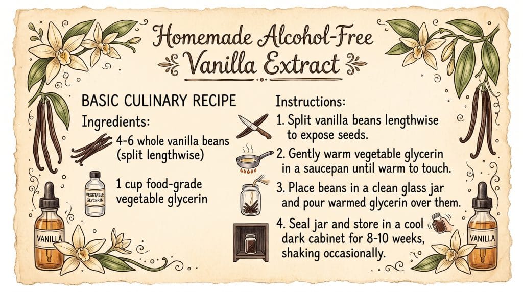 Alcohol-free vanilla extract recipe card in vintage grandmacore style with botanical vanilla orchid illustrations.