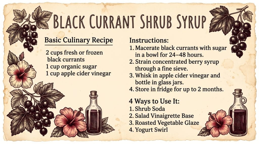 Black Currant Shrub: 2026's Flavor of the Year 6 Black currant shrub syrup recipe card in vintage grandmacore style with botanical berry illustrations.