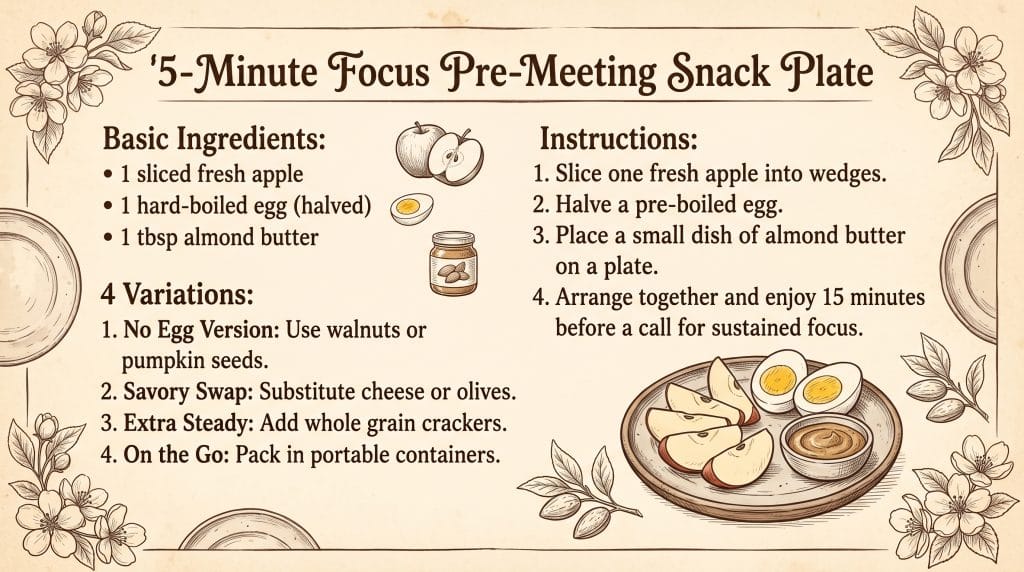 5-minute focus pre-meeting snack plate recipe card in vintage grandmacore style showing blood sugar stabilizing ingredients.