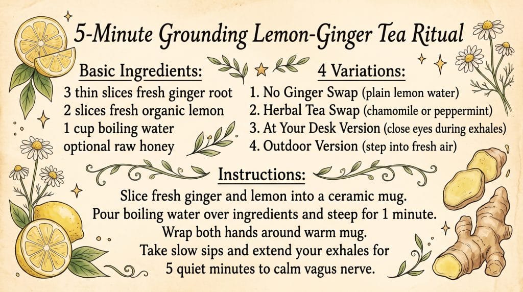 5-Minute Grounding Ritual: Easy Stress Reset Tea 5 5-minute grounding ritual lemon ginger tea recipe card in vintage grandmacore style
