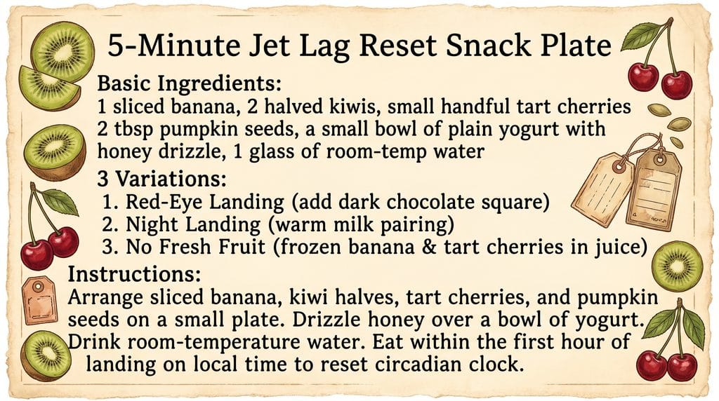 5-minute jet lag reset ritual snack plate recipe card in vintage grandmacore style
