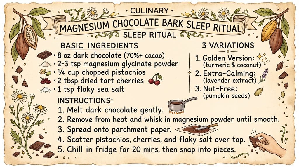 Magnesium chocolate bark recipe card in vintage grandmacore style showing bedtime dosing and ingredients.