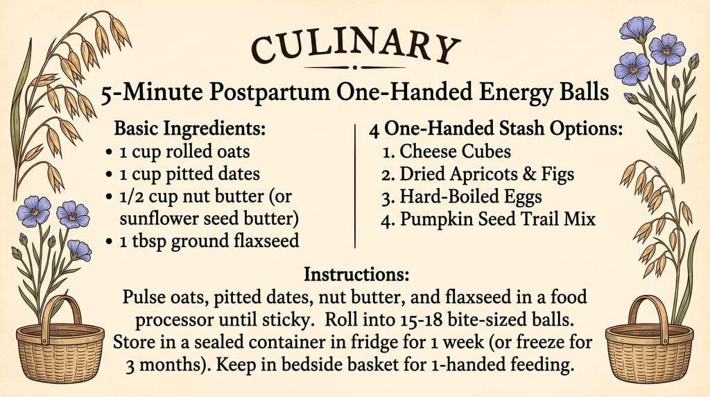 5-minute postpartum ritual one-handed snack balls recipe card in vintage grandmacore style