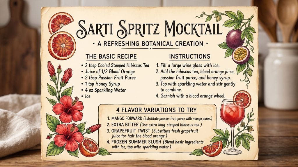 Sarti Spritz Mocktail: Easy 5-Minute Non-Alcoholic Drink 6 Sarti Spritz mocktail recipe card in vintage grandmacore style showing 4 non-alcoholic flavor variations.