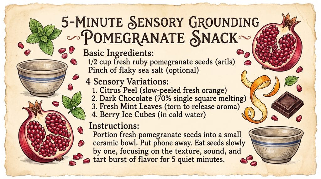 5-minute sensory grounding ritual pomegranate snack recipe card in vintage grandmacore style