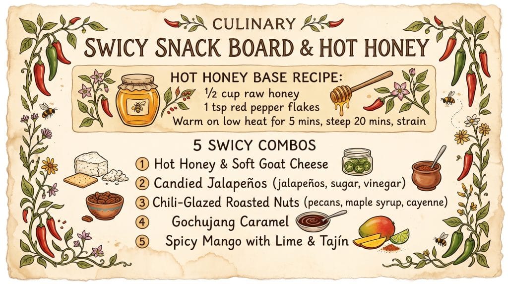 Swicy: Easy 5-Minute Sweet and Spicy Flavor Combos 6 Swicy snack board and hot honey recipe card in vintage grandmacore style showing 5 sweet and spicy combinations.