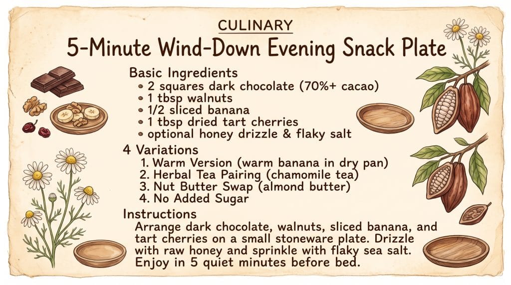 5-minute wind-down evening snack plate recipe card in vintage grandmacore style showing sleep supporting ingredients.