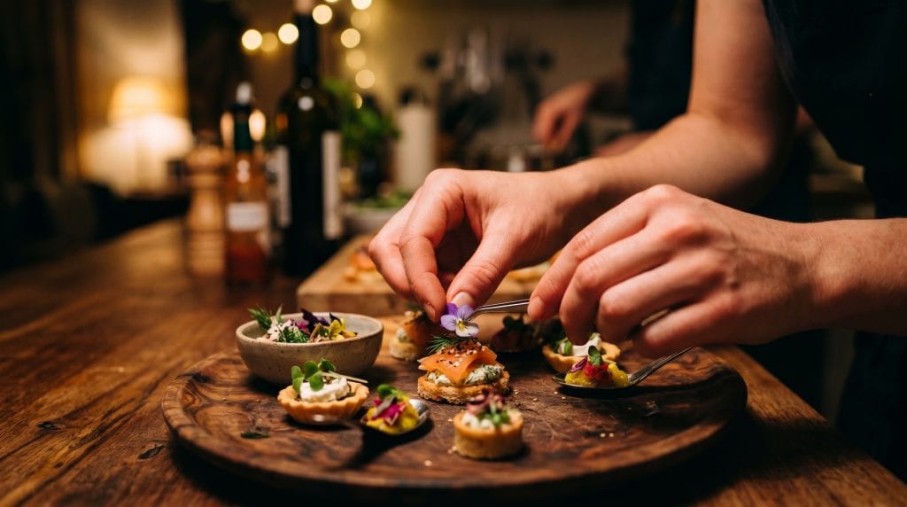 Close-up shot of hands arranging magnesium-rich sleep supporting snacks onto a small wooden plate under warm lamp light.