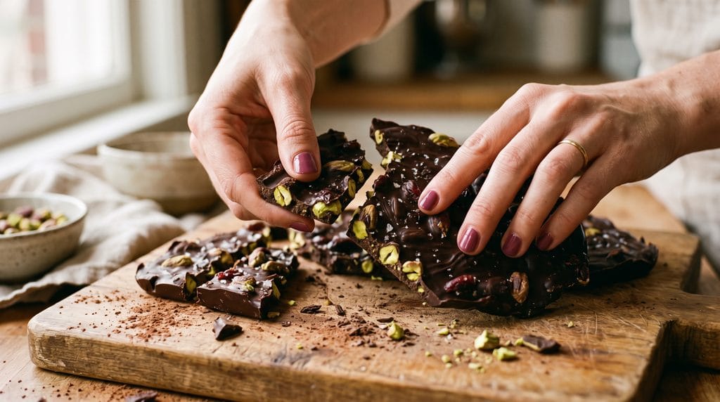 Hands breaking a chilled sheet of dark chocolate pistachio bark into rustic uneven pieces.