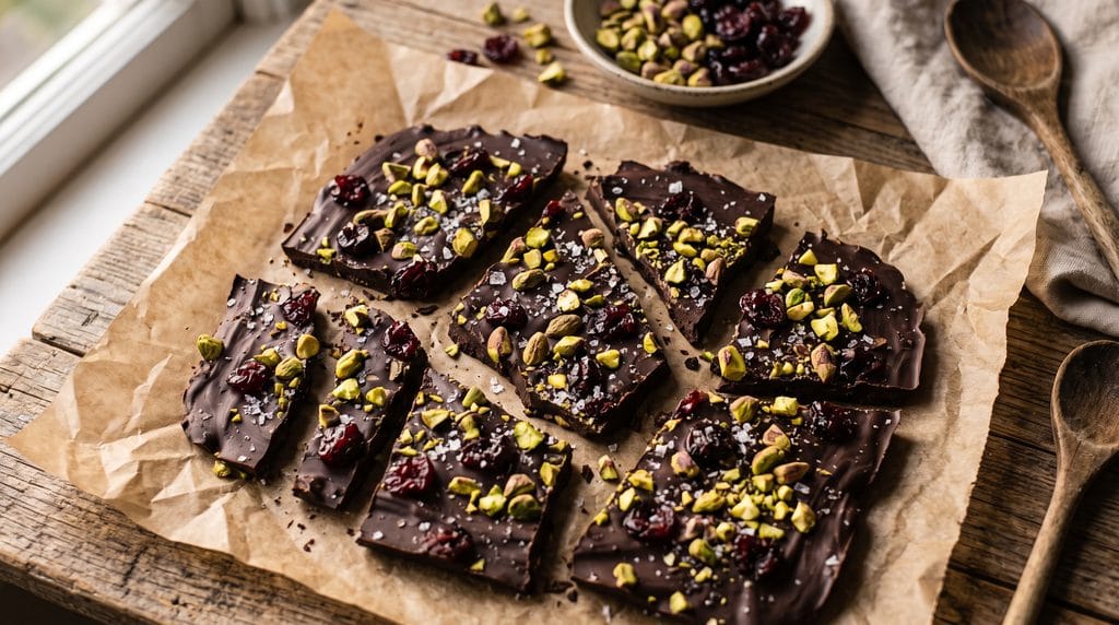 Magnesium chocolate bark sleep ritual cracked into shards with pistachios, tart cherries, and flaky sea salt on parchment paper