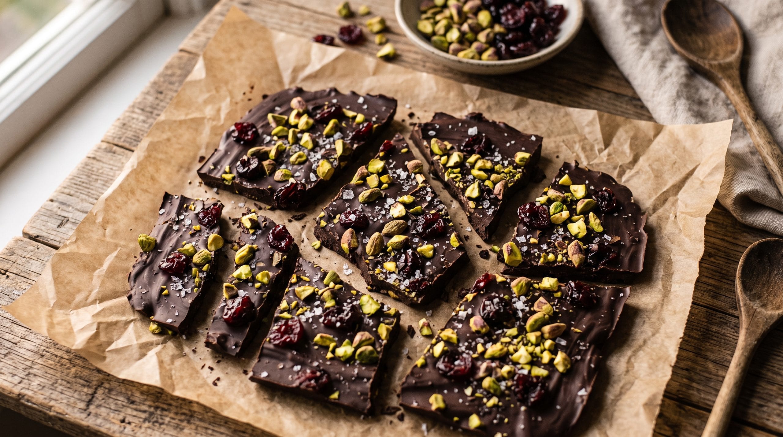Magnesium chocolate bark sleep ritual cracked into shards with pistachios, tart cherries, and flaky sea salt on parchment paper