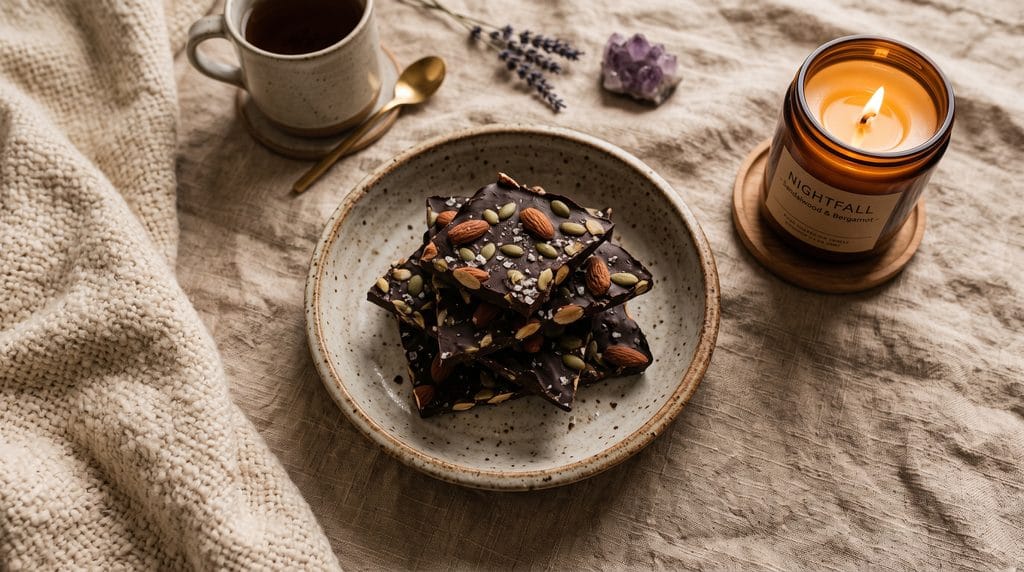 Magnesium dark chocolate bark pieces stacked in a ceramic dish next to a lit candle in an evening setting.