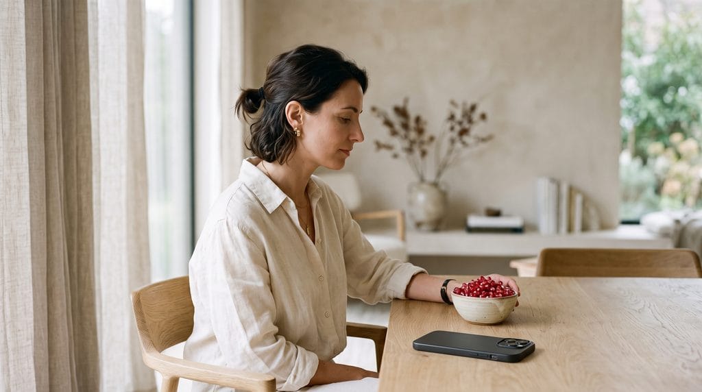 Calm scene of a person sitting with a bowl of pomegranate seeds and smartphone placed face down on a wooden table.