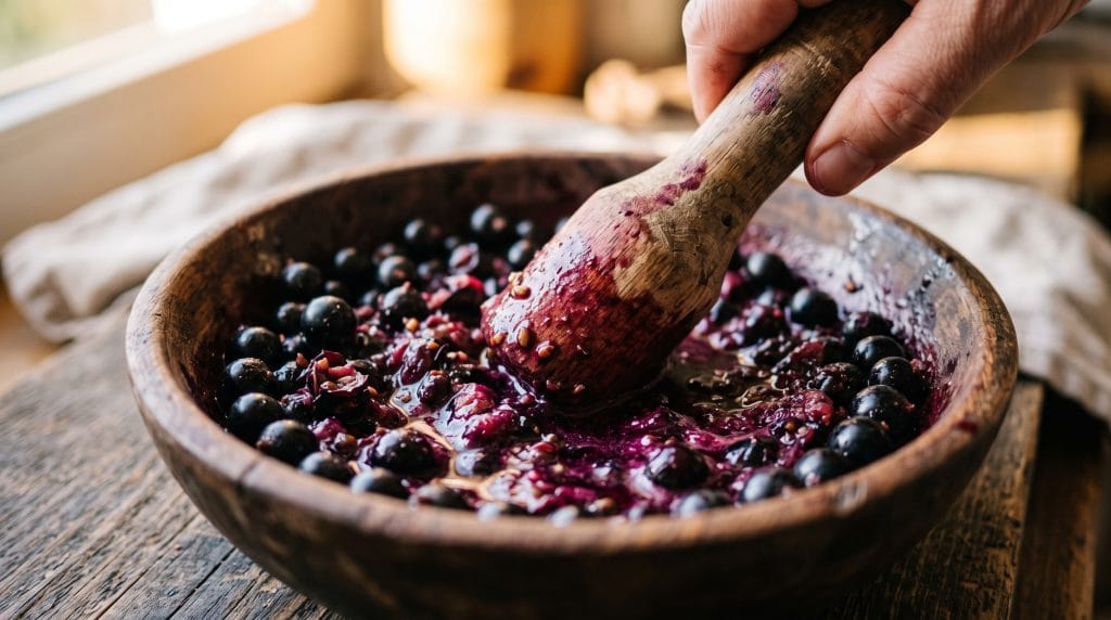 Black Currant Shrub: 2026's Flavor of the Year 3 Close-up macro shot of fresh organic black currants being crushed in a ceramic bowl with a wooden muddler.