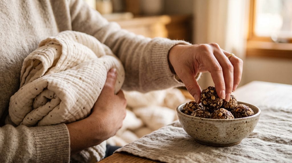 Close-up shot of a hand reaching for a no-bake energy ball while holding a soft baby blanket.