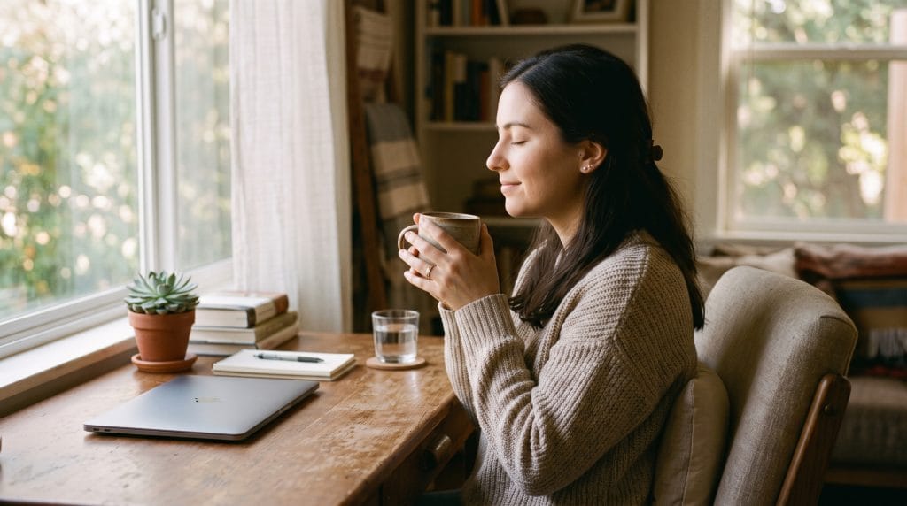5-Minute Grounding Ritual: Easy Stress Reset Tea 4 Person holding a warm lemon-ginger tea mug with both hands and eyes closed at a desk during a stress reset.
