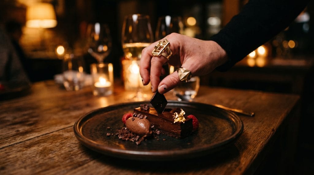 Close-up shot of a hand placing a square of dark chocolate onto a cozy evening wind-down snack plate.
