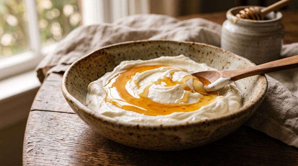 Side angle view of a small bowl of thick plain yogurt with a glossy honey drizzle