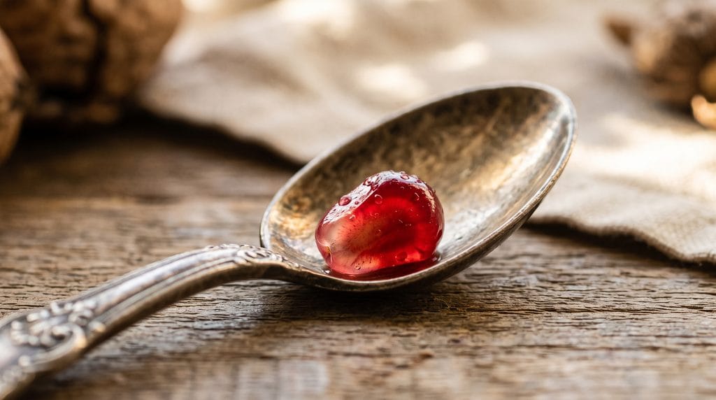 Close-up shot of a glistening ruby pomegranate seed on a vintage silver spoon catching soft light.