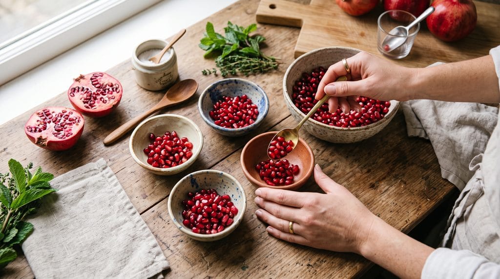 Hands portioning fresh pomegranate seeds into small rustic ceramic dishes in bright natural light.