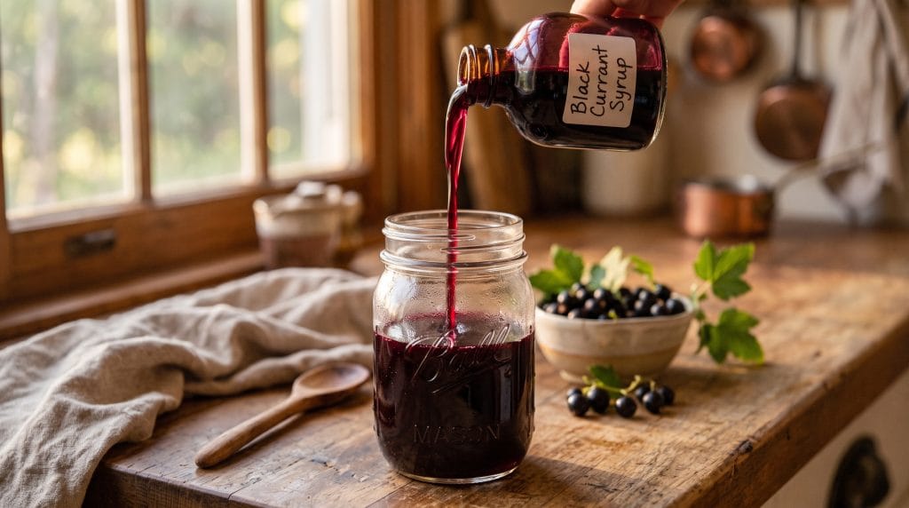 Black Currant Shrub: 2026's Flavor of the Year 7 Close-up shot of deep purple black currant shrub syrup being poured from a glass bottle into a jar.
