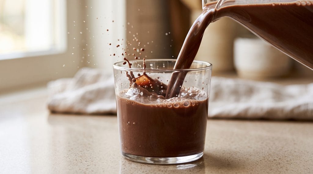 5-Minute Recovery Ritual: Easy Post-Workout Snack 3 Close-up macro shot of chocolate milk being poured into a glass on a bright kitchen counter.