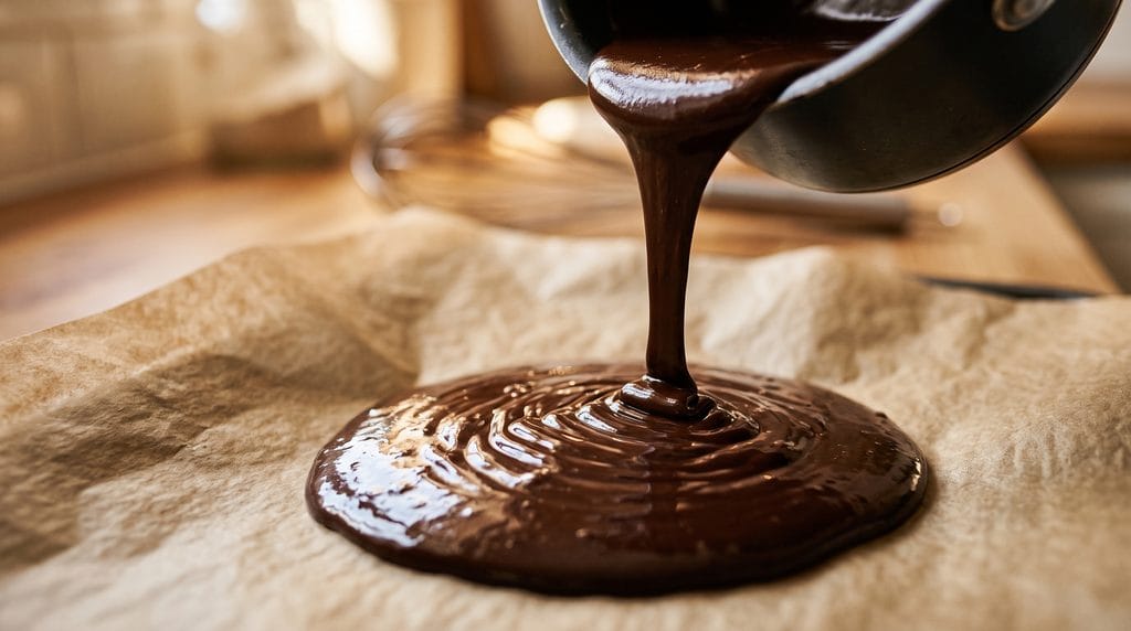Close-up of glossy melted dark chocolate being poured onto baking parchment paper.