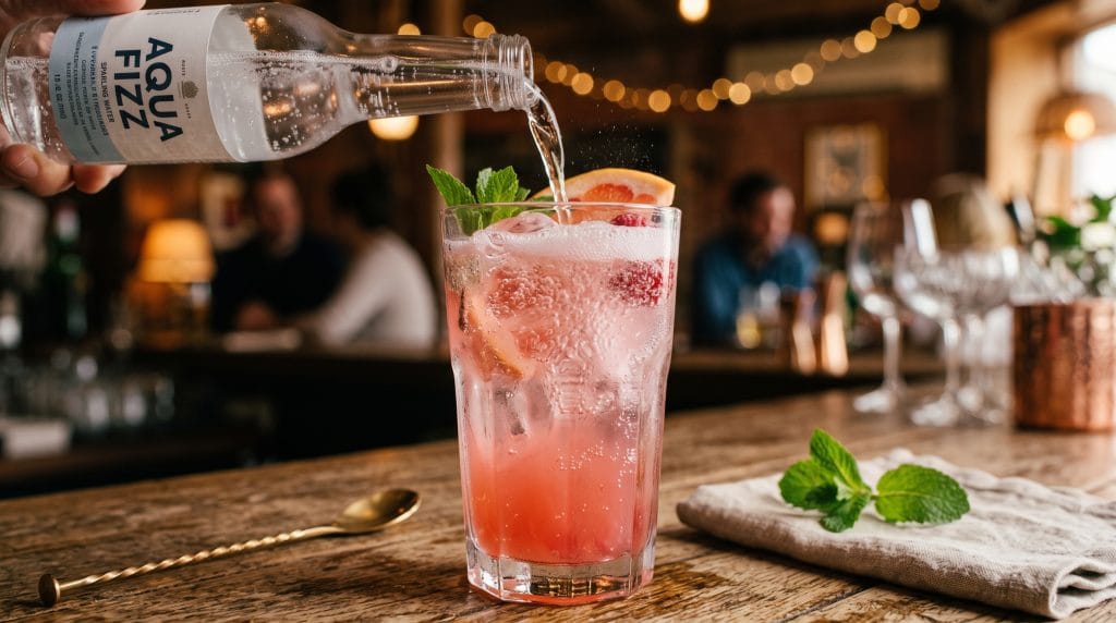 Sarti Spritz Mocktail: Easy 5-Minute Non-Alcoholic Drink 7 Close-up of sparkling water being poured into a pink mocktail glass creating carbonation bubbles.