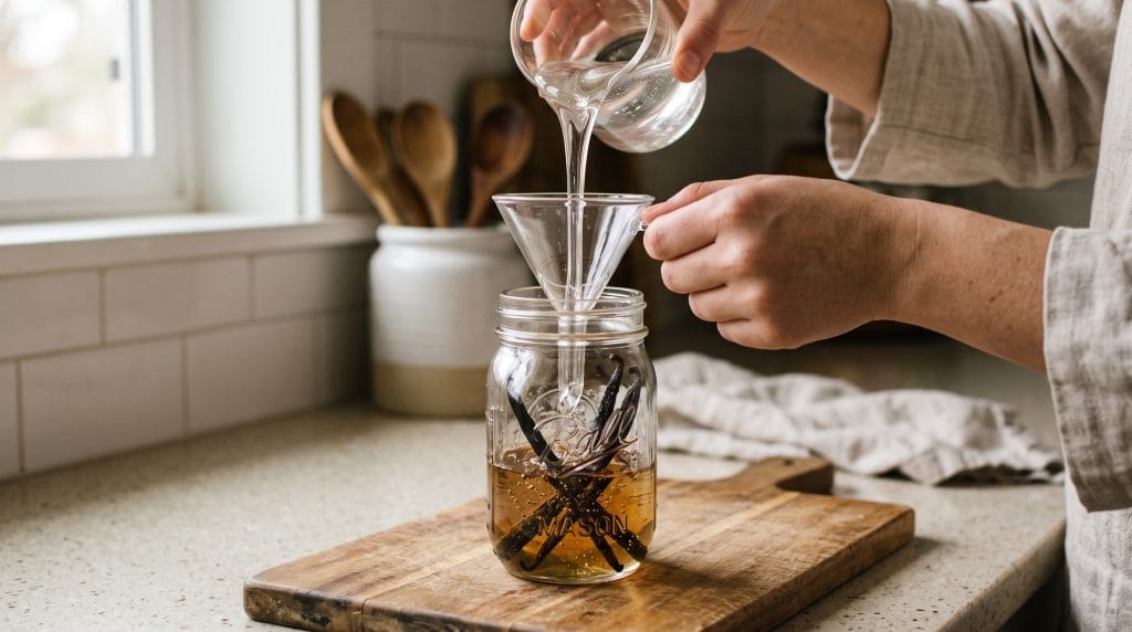 Small funnel pouring clear vegetable glycerin into a glass jar filled with split vanilla bean pods.