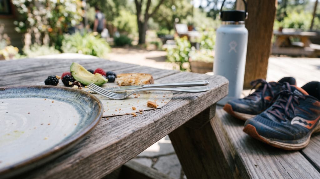 5-Minute Recovery Ritual: Easy Post-Workout Snack 4 Post-workout recovery plate next to a reusable water bottle and running shoes in soft daylight.