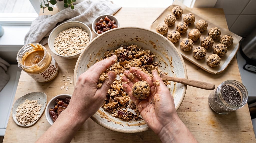 Hands rolling homemade no-bake oat and date energy balls in a kitchen mixing bowl.