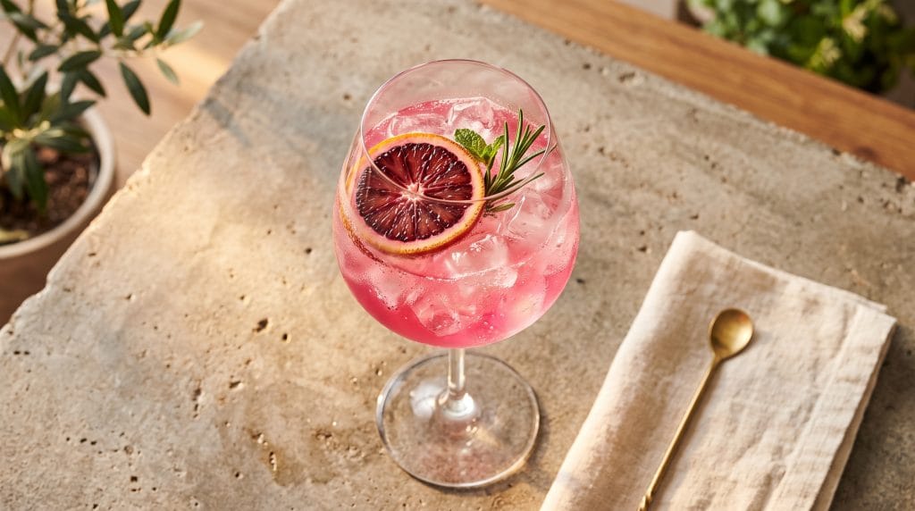 Sarti Spritz Mocktail: Easy 5-Minute Non-Alcoholic Drink 2 Overhead shot of a translucent bright pink Sarti Spritz mocktail in a wine glass with ice and a blood orange wheel.