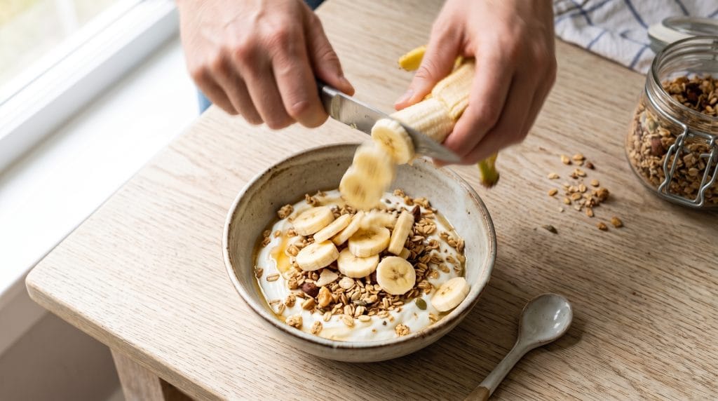 5-Minute Recovery Ritual: Easy Post-Workout Snack 6 Hands quickly slicing a fresh banana onto a bowl of Greek yogurt topped with berries.