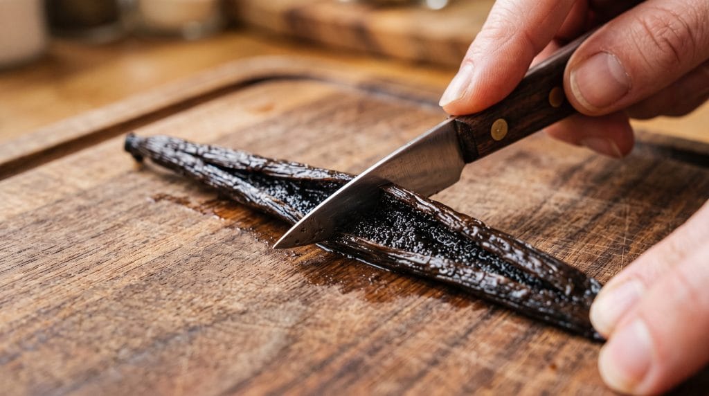 Close-up macro shot of a knife slicing a whole vanilla bean lengthwise on a wooden cutting board.