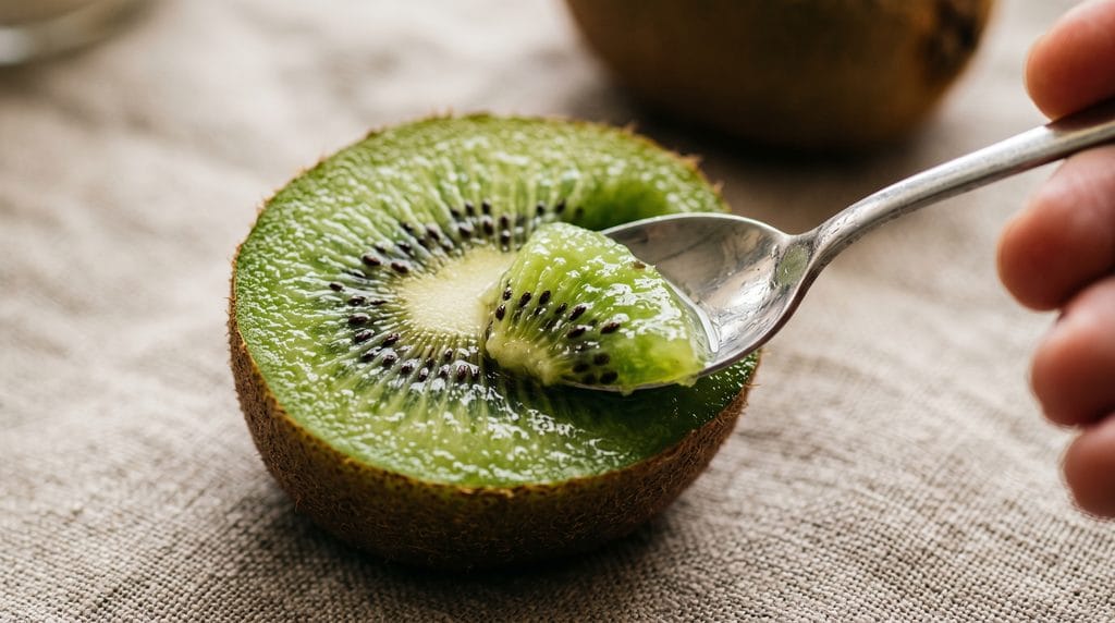 Close-up macro shot of ripe green kiwi halves being scooped with a spoon on a linen napkin.