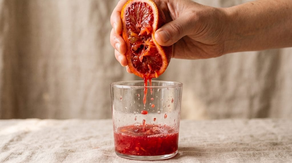 Sarti Spritz Mocktail: Easy 5-Minute Non-Alcoholic Drink 3 Close-up macro shot of a fresh blood orange being squeezed into a glass with visible juice droplets and pulp.