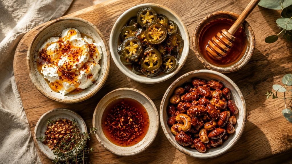 Swicy: Easy 5-Minute Sweet and Spicy Flavor Combos 2 Overhead flat lay of a swicy snack board with hot honey drizzled over goat cheese, candied jalapenos, and chili-glazed nuts.