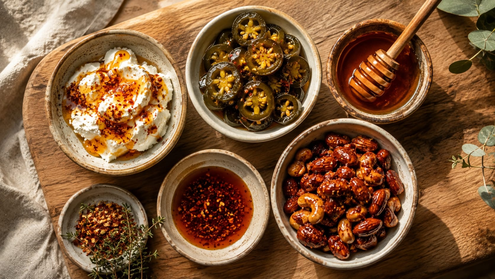 Swicy: Easy 5-Minute Sweet and Spicy Flavor Combos 6 Overhead flat lay of a swicy snack board with hot honey drizzled over goat cheese, candied jalapenos, and chili-glazed nuts.