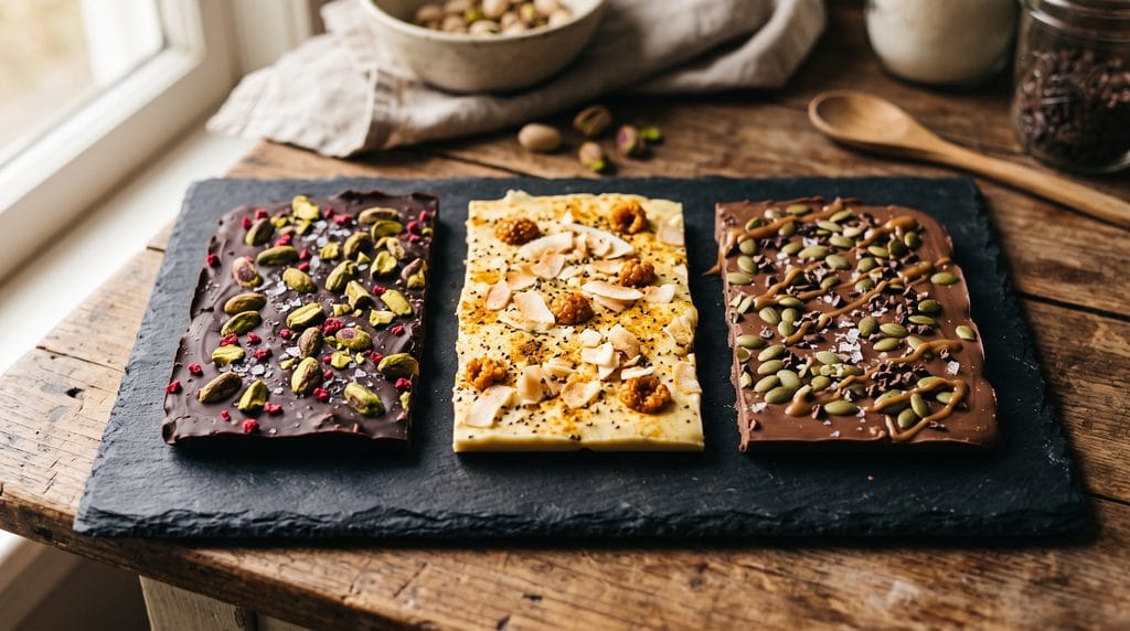 Three functional chocolate bark variations including dark pistachio, golden turmeric, and pumpkin seed.