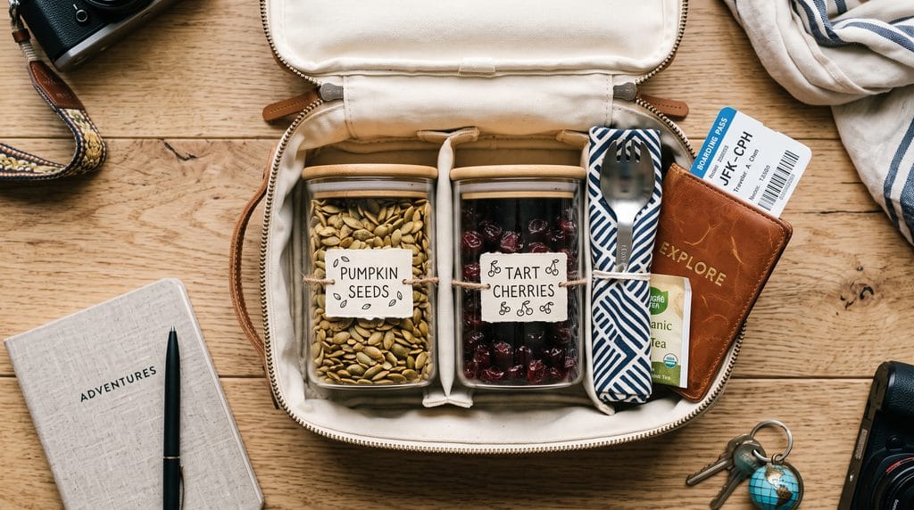 Small containers of seeds and dried tart cherries packed in a travel carry-on pouch.
