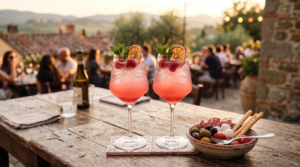 Sarti Spritz Mocktail: Easy 5-Minute Non-Alcoholic Drink 5 Two bright pink Sarti Spritz mocktails on an outdoor wooden table with olives in an Italian aperitivo setting.