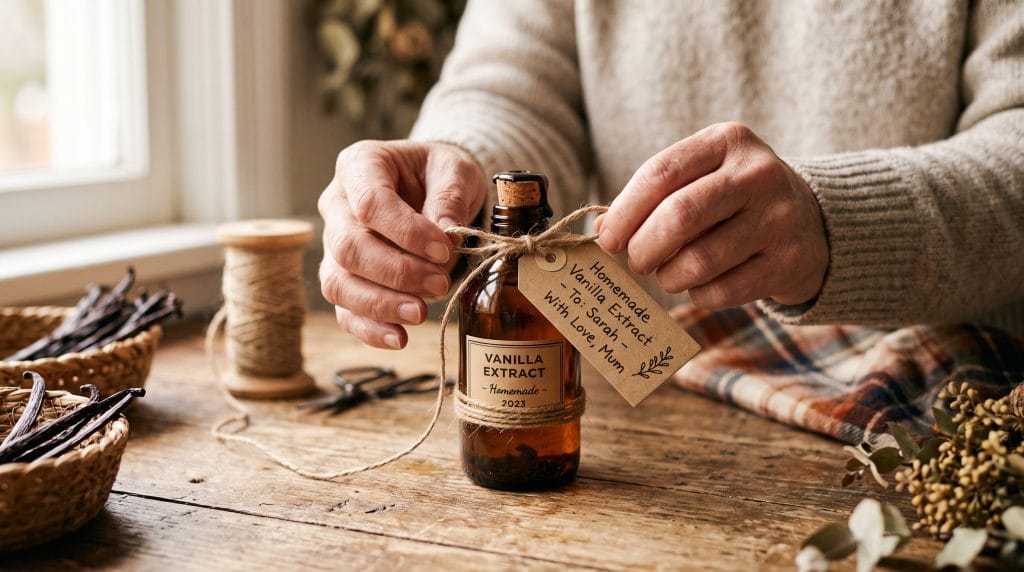 Hands wrapping a finished bottle of homemade alcohol-free vanilla extract with twine and a gift tag.