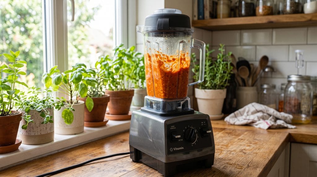 Fermented Hot Sauce: Easy 5-Step DIY Beginner Guide 5 Side view of vibrant orange-red fermented hot sauce being pureed to a smooth texture in a blender.