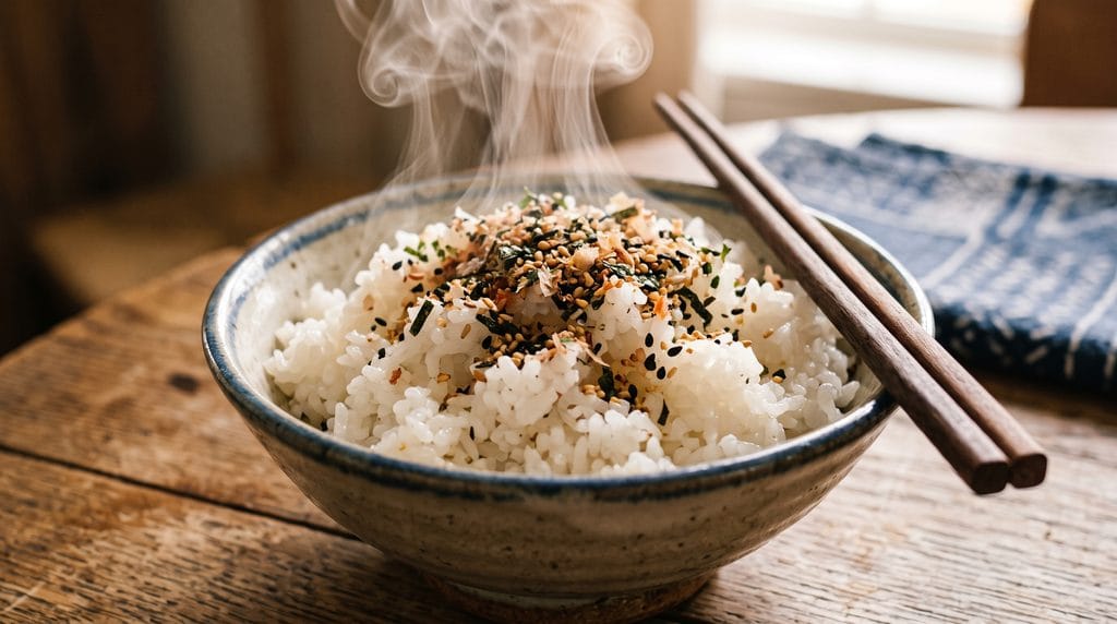 Steaming bowl of white rice topped with furikake seasoning and chopsticks on a linen napkin.