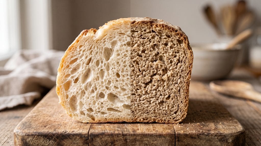 Stale Bread: Easy 5-Minute Oven Revive Guide 3 Close-up macro shot comparing fresh soft bread crumb structure with firm stale bread crumb.