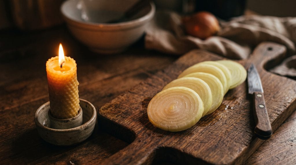 Why Onions Make You Cry: Easy 5-Minute Fixes That Work 7 Aesthetic kitchen scene with a candle glowing beside sliced onions on a wooden board.