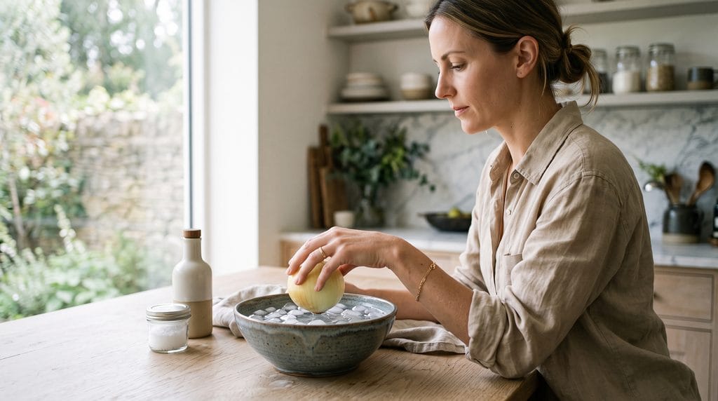 Why Onions Make You Cry: Easy 5-Minute Fixes That Work 4 Chilling a peeled yellow onion in a bowl of ice water to slow enzyme activity before cutting.