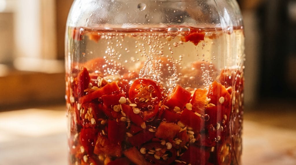 Fermented Hot Sauce: Easy 5-Step DIY Beginner Guide 3 Close-up macro shot of chopped chilies submerged under fermentation brine in a glass jar with rising bubbles.