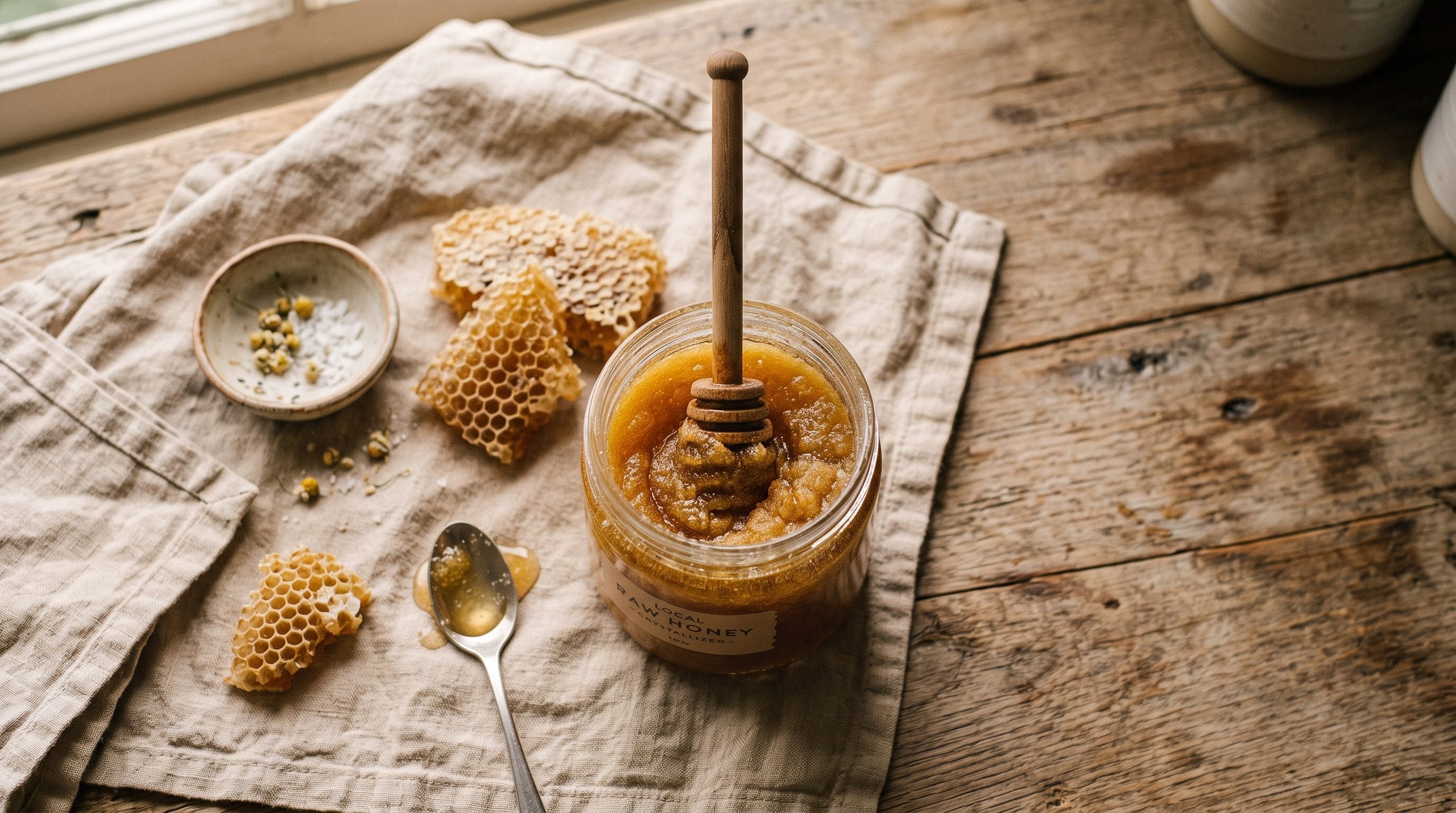 Crystallized honey in a glass jar with a wooden dipper on a rustic wooden pantry counter